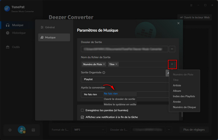 Paramètres plus d'informations
