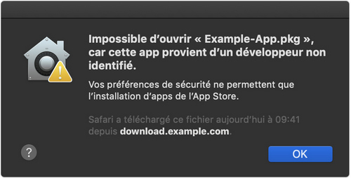 message d’avertissement sur application provient d'un développeur non identifié