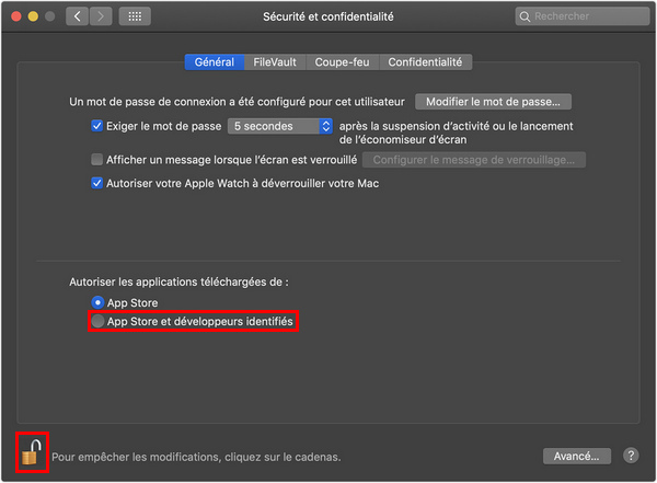 réglées pour autoriser les applications de l’App Store et des développeurs identifiés