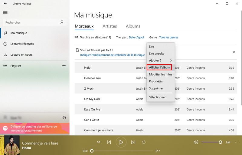 Afficher l'album dans Groove Musique