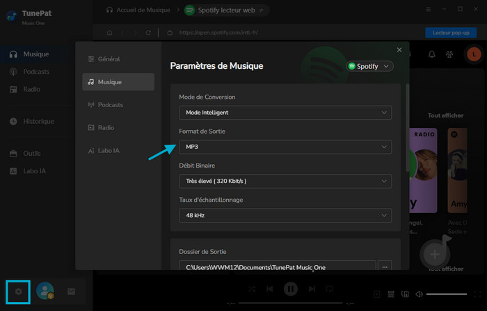 Choisir MP3 comme format de sortie