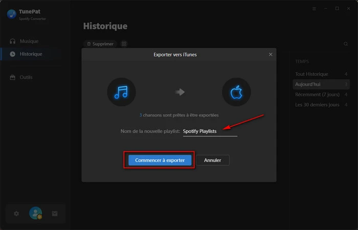 Commencer à exporter vers iTunes