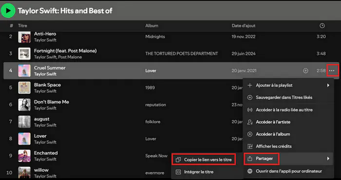 Copiez le lien de chanson Spotify