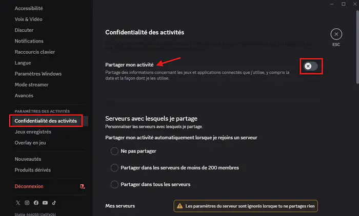 Désactiver Partager mon activité