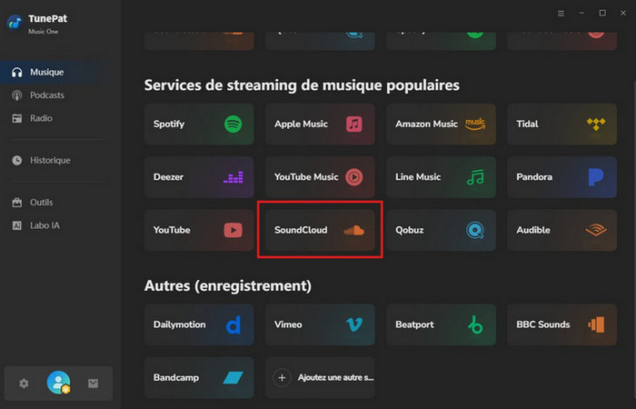Sélectionnez SoundCloud